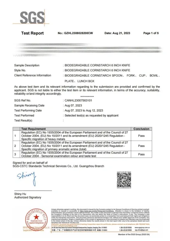 Biodegradable Corn Starch Product Test Report